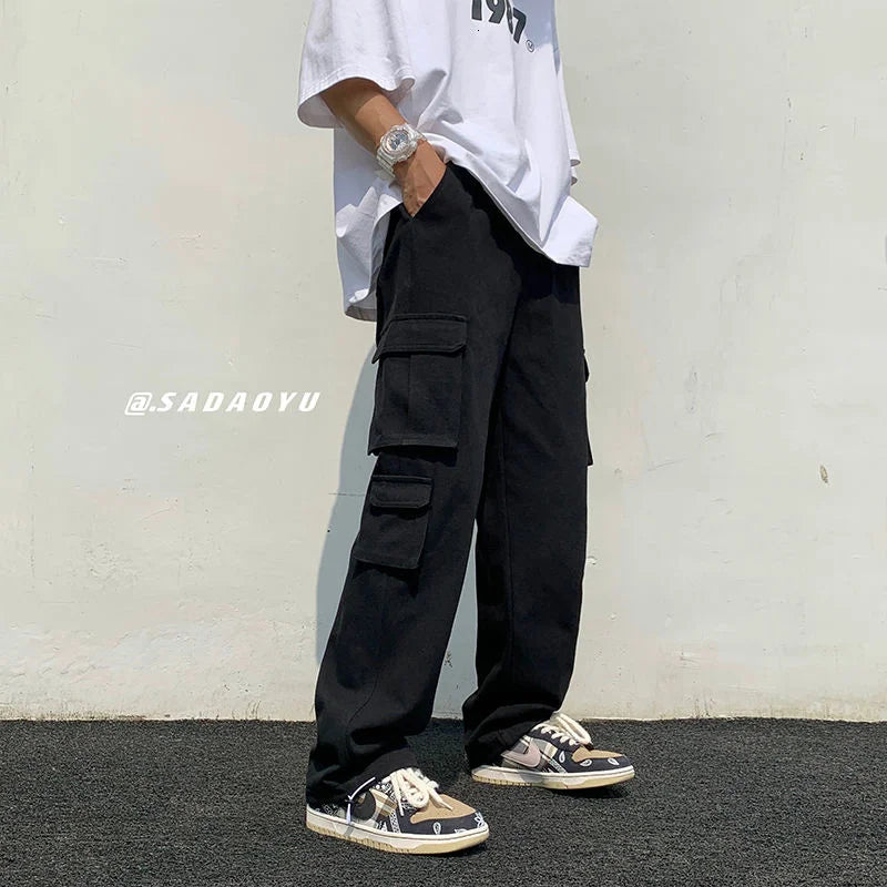 Vortex™️ - Black/White Wide-Leg Cargo Pants for Men, Loose Fit Streetwear Hip-Hop Style